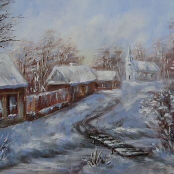 Картина под названием "Winter village" - Karola Kiss, Подлинное произведение искусства, Акрил Установлен на Деревянная рама…