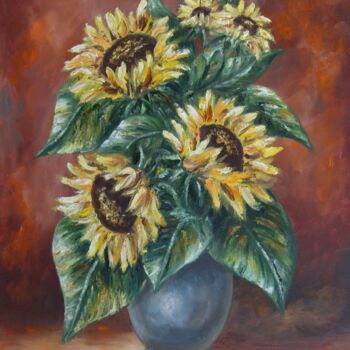 Painting titled "Sunflowers in a vase" by Karola Kiss, Original Artwork, Oil Mounted on Wood Panel