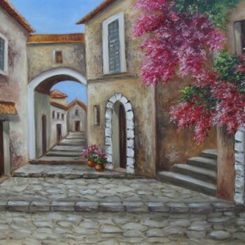 Painting titled "Old Town 3" by Karola Kiss, Original Artwork, Oil Mounted on Wood Panel
