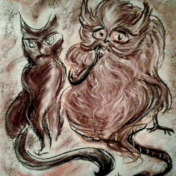 Tekening getiteld "Brownie and Cat" door Karolina Ingo (Karolina Navi -Ingo), Origineel Kunstwerk, Pastel