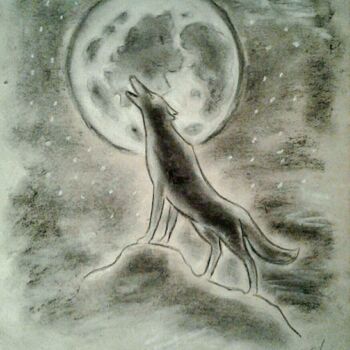Рисунок под названием "Wolf and Moon" - Karolina Ingo (Karolina Navi -Ingo), Подлинное произведение искусства, Пастель