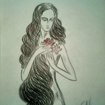 Disegno intitolato "The girl with a ros…" da Karolina Ingo (Karolina Navi -Ingo), Opera d'arte originale, Matita