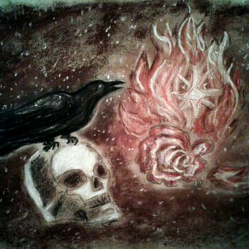 Schilderij getiteld "Raven and Skull" door Karolina Ingo (Karolina Navi -Ingo), Origineel Kunstwerk, Pastel