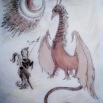 Disegno intitolato "Knight and Dragon.…" da Karolina Ingo (Karolina Navi -Ingo), Opera d'arte originale, Matita