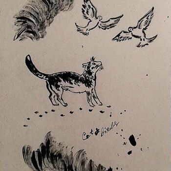 Drawing titled "Cat and Birds" by Karolina Ingo (Karolina Navi -Ingo), Original Artwork, Acrylic