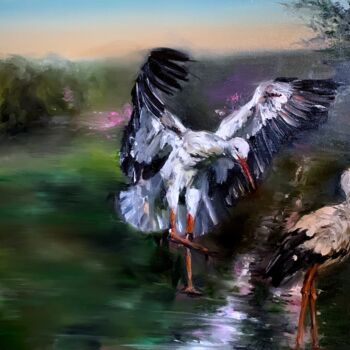 Painting titled "The first storks" by Karolina Naichuk, Original Artwork, Oil Mounted on Wood Stretcher frame