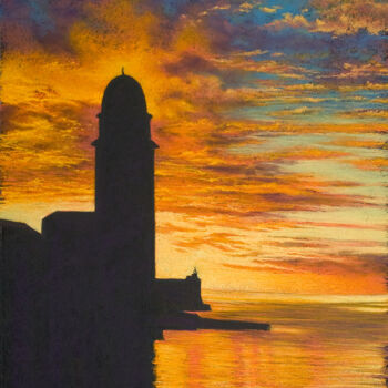 Painting titled "Clocher et Phare de…" by Karolus, Original Artwork, Pastel