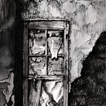 Drawing titled "Solitude - La porte…" by Karolus, Original Artwork, Ink