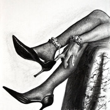 Drawing titled "L'attente 3" by Karolus, Original Artwork, Charcoal