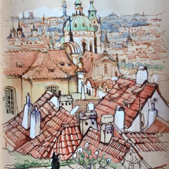 Painting titled "Prague rooftops and…" by Svitlana Karpova, Original Artwork, Conté