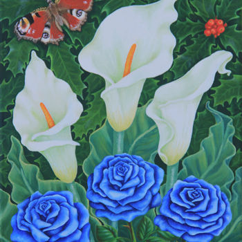 Peinture intitulée "Fleurs et papillons…" par Karssay Natália Constancia, Œuvre d'art originale, Huile