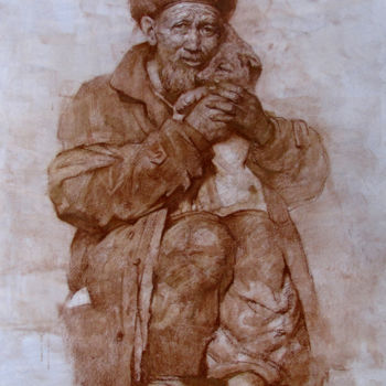 Pintura intitulada "Old man with a dog" por Andrei Kartashov, Obras de arte originais, Óleo