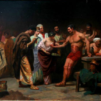 Картина под названием "Gladiators before o…" - Андрей Карташов, Подлинное произведение искусства, Масло