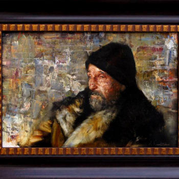Painting titled "Old man near the wa…" by Andrei Kartashov, Original Artwork, Oil