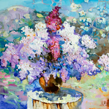 Painting titled "Lilacs in the Carpa…" by Anastasiia Grygorieva, Original Artwork, Oil