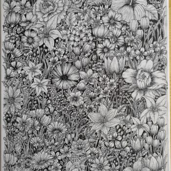 Drawing titled "Flowers in the gard…" by Kartini Pelg, Original Artwork, Ink