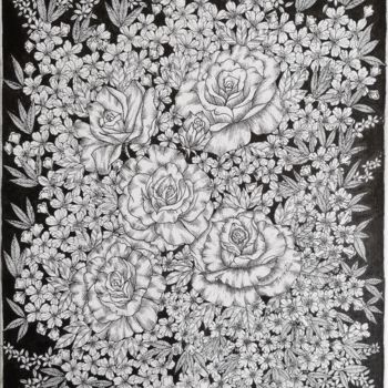 Drawing titled "Roses Garden" by Kartini Pelg, Original Artwork, Ink
