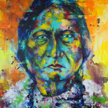 Painting titled "Sitting Bull" by Kascho, Original Artwork, Acrylic Mounted on Wood Stretcher frame