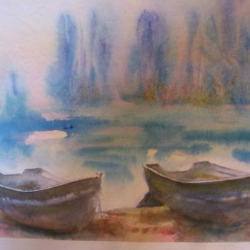 Design intitulée ""Barques à l'aube" 1" par Mireille Rossier, Œuvre d'art originale