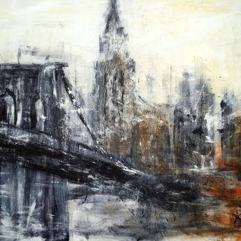 Painting titled "Brooklyn Bridge" by Kasia Pawlak, Original Artwork, Acrylic Mounted on Wood Stretcher frame