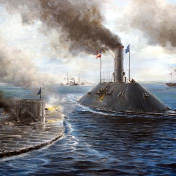 Painting titled "USS Monitor vs CSS…" by Łukasz Kasperczyk, Original Artwork, Oil