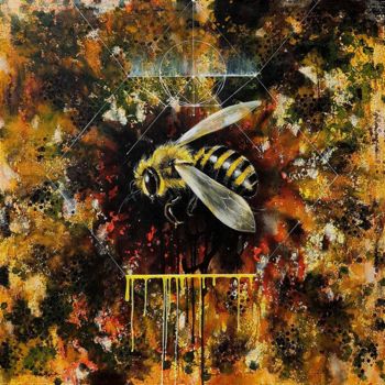 Malarstwo zatytułowany „Honey Bee in a Hive” autorstwa Kasun Wickramasinghe, Oryginalna praca, Akryl Zamontowany na Drewnian…