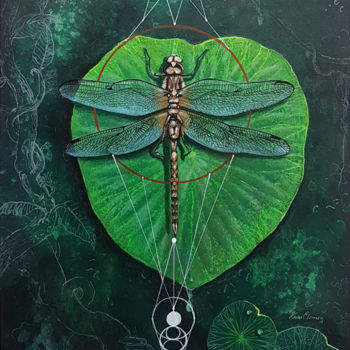 「Firefly on a Lotus…」というタイトルの絵画 Kasun Wickramasingheによって, オリジナルのアートワーク, アクリル ウッドストレッチャーフレームにマウント