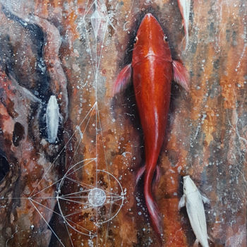 Painting titled "Carp Upstream" by Kasun Wickramasinghe, Original Artwork, Acrylic Mounted on Wood Stretcher frame