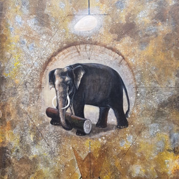 제목이 "Elephant in Gold"인 미술작품 Kasun Wickramasinghe로, 원작, 아크릴 나무 들것 프레임에 장착됨