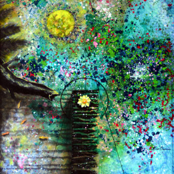 Painting titled "Blooms in Full Moon" by Kasun Wickramasinghe, Original Artwork, Acrylic Mounted on Wood Stretcher frame