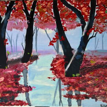 Painting titled "Red Autumn" by Kat Shevchenko, Original Artwork, Oil