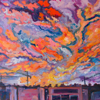 Pintura titulada "Three tower cranes" por Katarzyna Machejek, Obra de arte original, Oleo Montado en Bastidor de camilla de…