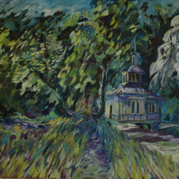 Painting titled "Chapel on the Water" by Katarzyna Machejek, Original Artwork, Oil Mounted on Wood Stretcher frame