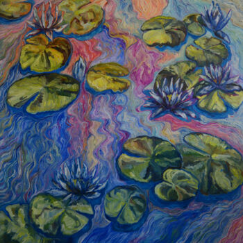 Schilderij getiteld "Water Lilies" door Katarzyna Machejek, Origineel Kunstwerk, Olie Gemonteerd op Frame voor houten branca…