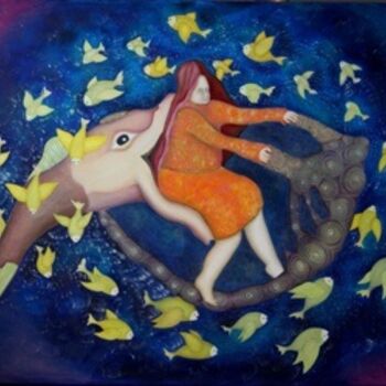 Pittura intitolato "Cosmic fish and big…" da Picture Kate, Opera d'arte originale