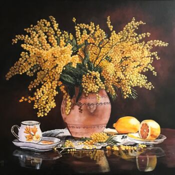 Pittura intitolato "Mimosa e limoni" da Kate Makaro, Opera d'arte originale, Acrilico Montato su Telaio per barella in legno