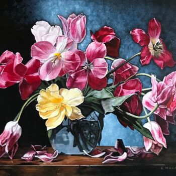 Картина под названием "Tulipani notturno" - Kate Makaro, Подлинное произведение искусства, Акрил Установлен на картон