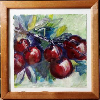 Painting titled "Cherry branch oil p…" by Kateart, Original Artwork, Oil Mounted on Wood Stretcher frame