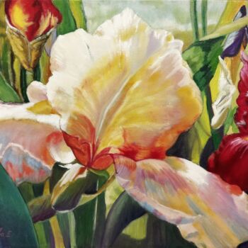 Painting titled "Irises more.." by Kateart, Original Artwork, Oil Mounted on Wood Stretcher frame