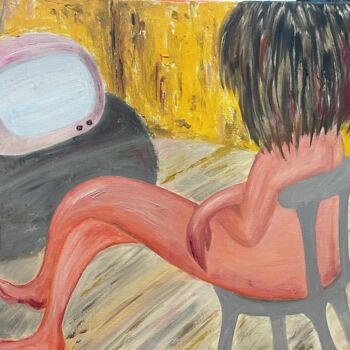 Painting titled "Watching TV" by Katerina Mityushova (KAT), Original Artwork, Oil