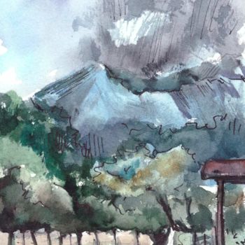 Картина под названием "Japan. Volcano Saku…" - Katerina Sevostyanova, Подлинное произведение искусства, Акварель