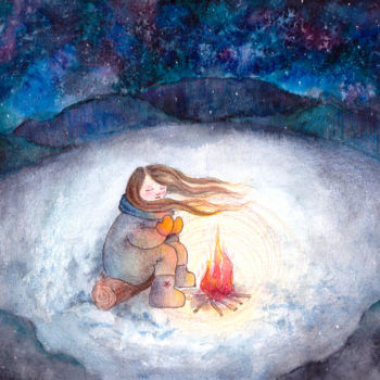 Картина под названием "Winter fireplace" - Katerina Sevostyanova, Подлинное произведение искусства, Акварель