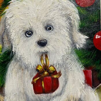 Painting titled "Christmas puppy pai…" by Katerina Shata, Original Artwork, Acrylic
