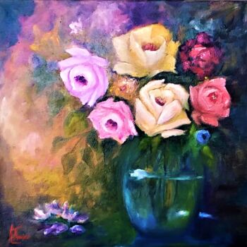 Pintura titulada "Vase with rose" por Katerina Tranakou, Obra de arte original, Oleo Montado en Bastidor de camilla de madera