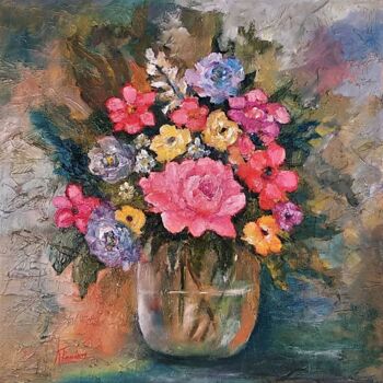 Картина под названием "Vase of roses and f…" - Katerina Tranakou, Подлинное произведение искусства, Масло Установлен на Дере…