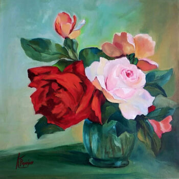 Painting titled "rose in the glass j…" by Katerina Tranakou, Original Artwork, Oil Mounted on Wood Stretcher frame