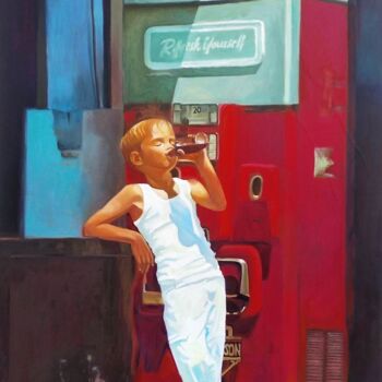 Schilderij getiteld "Enjoy a Coca cola" door Katerina Tranakou, Origineel Kunstwerk, Olie Gemonteerd op Frame voor houten br…