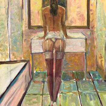 Painting titled "Girl in stockings" by Kateryna Krivchach, Original Artwork, Oil