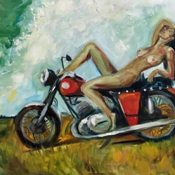 Painting titled "Girl on a motorcycle" by Kateryna Krivchach, Original Artwork, Oil