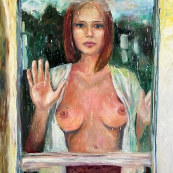 Malerei mit dem Titel "Girl at the window" von Kateryna Krivchach, Original-Kunstwerk, Öl